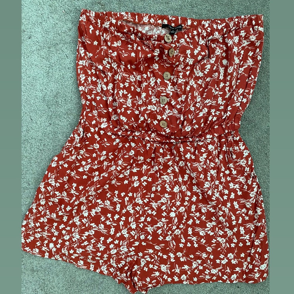 Terracotta colored floral print romper shorts